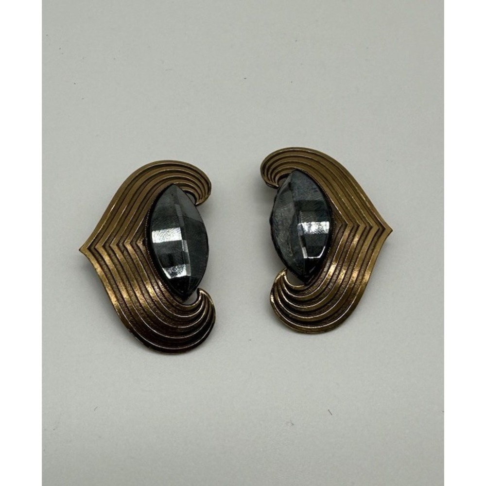 ERMANI BULATTI Signed Art Deco Style Faceted Hematite Bronze Clip Earrings